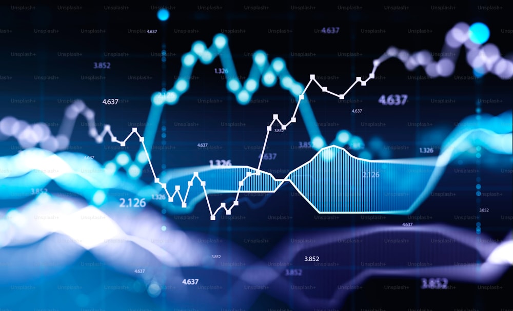 Concept d’analyse de données boursières et fintech. Graphiques à barres numériques bleus et violets sur fond bleu foncé. Interface financière futuriste. Rendu 3D