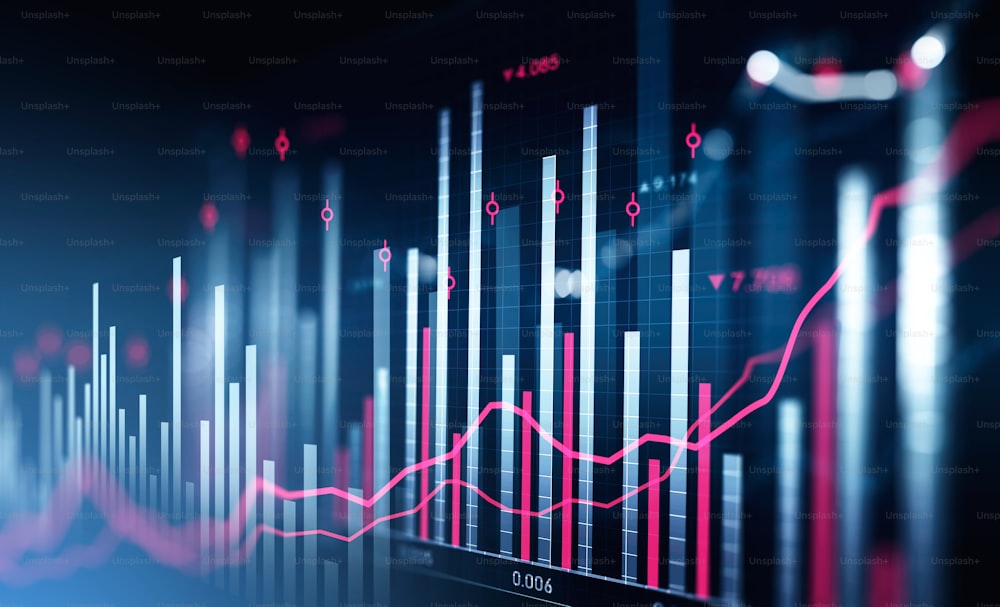 Financial chart and rising graph with lines and numbers and bar diagrams that illustrate stock market behaviour. Concept of successful trading. Dark blue background. 3d rendering