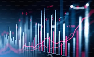 Financial chart and rising graph with lines and numbers and bar diagrams that illustrate stock market behaviour. Concept of successful trading. Dark blue background. 3d rendering