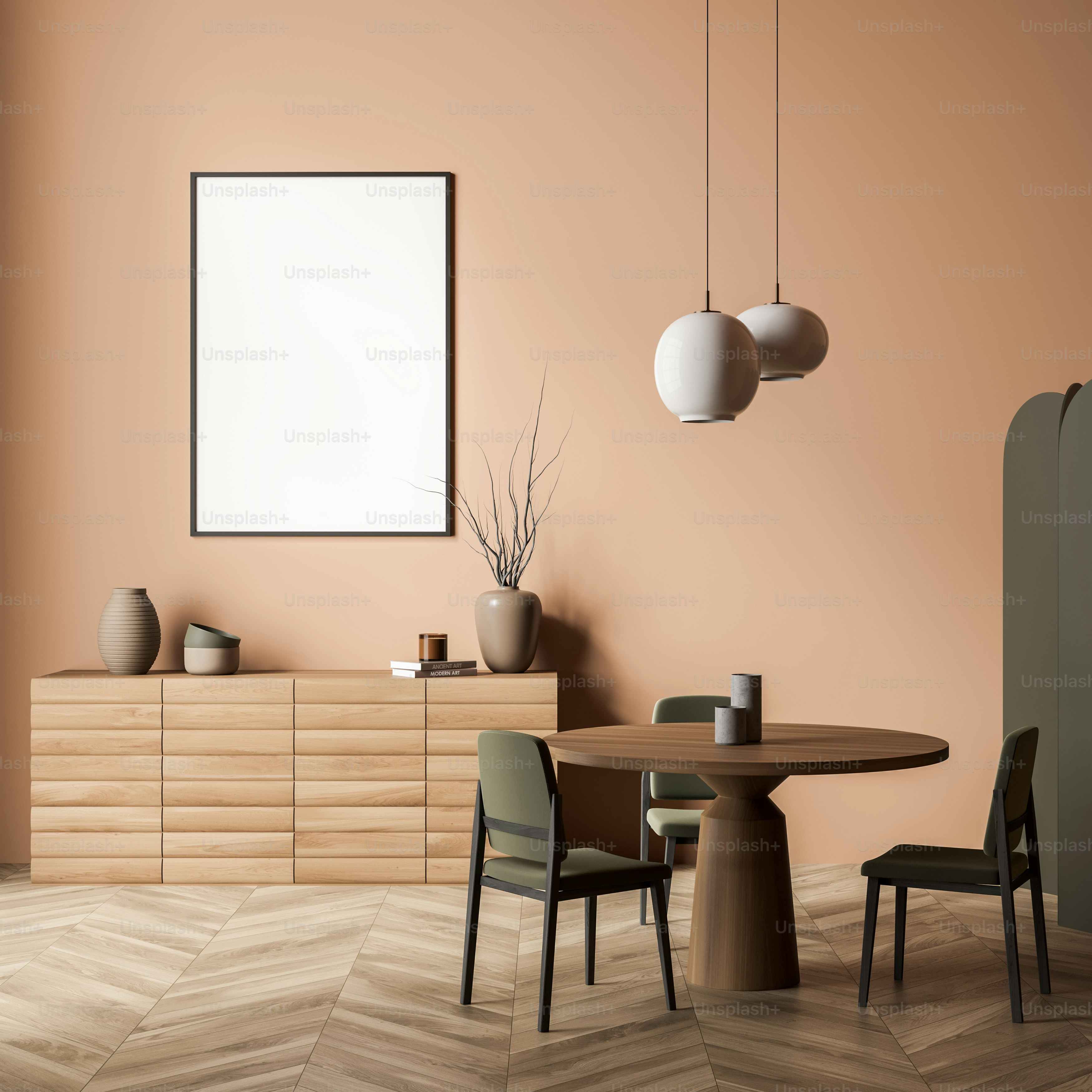 Living room interior with mockup over sideboard and small dining table. Sand beige design, having pendant lamps, dark green detail and parquet flooring. Concept of modern living space. 3d rendering