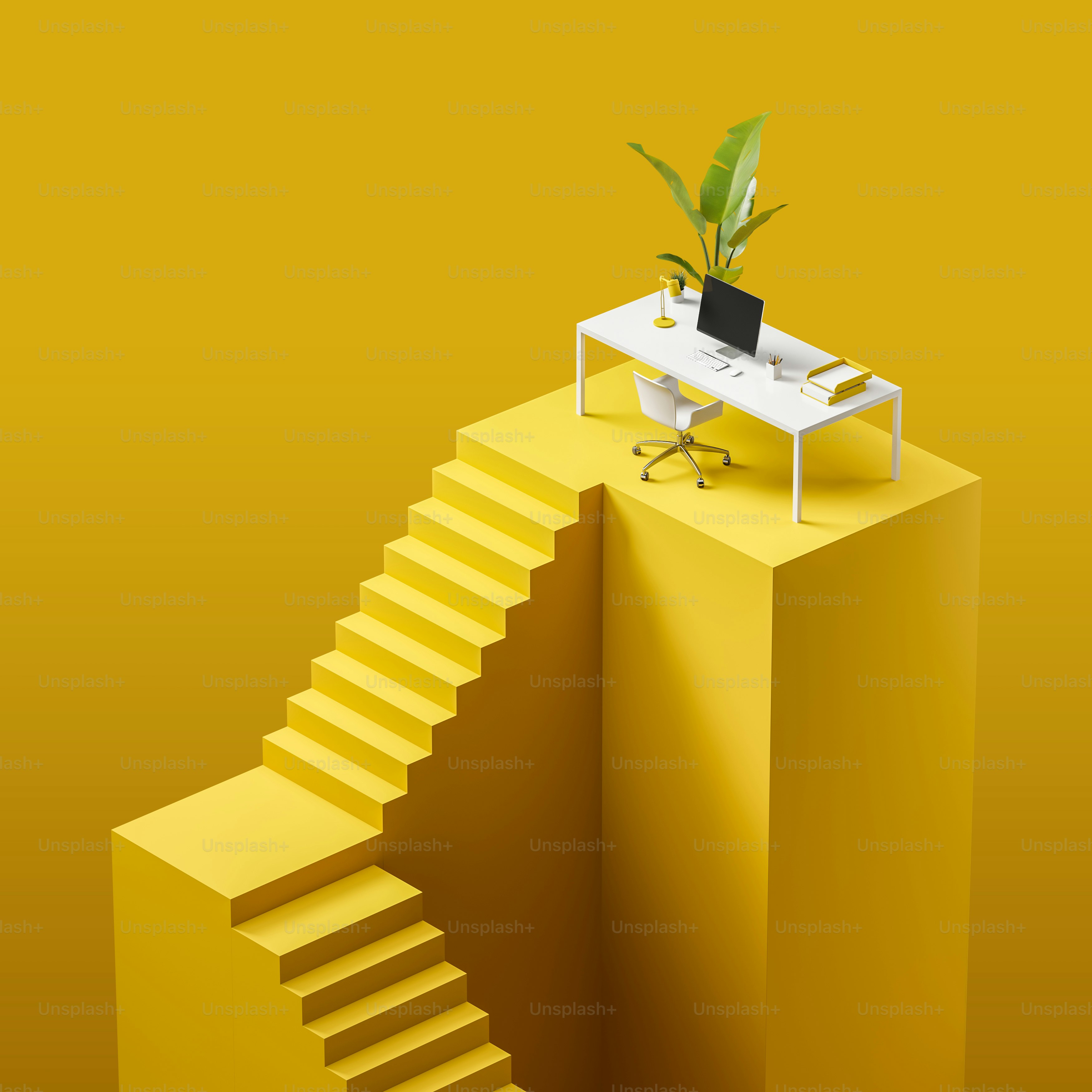 Abstract bright yellow podium with staircase and white office desk on top. Concept of successful business career. No people. 3d rendering