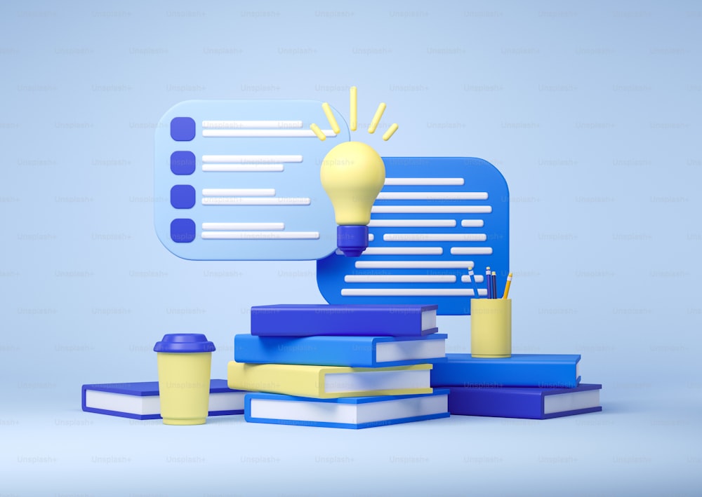 Stack of books, light bulb, pencil cup and take away coffee over blue background, 3d rendering. Concept of education, research and start up idea