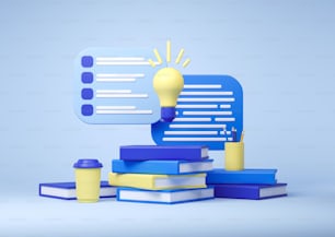 Stack of books, light bulb, pencil cup and take away coffee over blue background, 3d rendering. Concept of education, research and start up idea