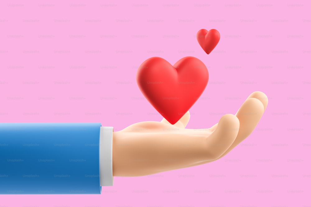 Cartoon character man hand holding red heart, side view. Concept of love, passion and friendship. 3D rendering