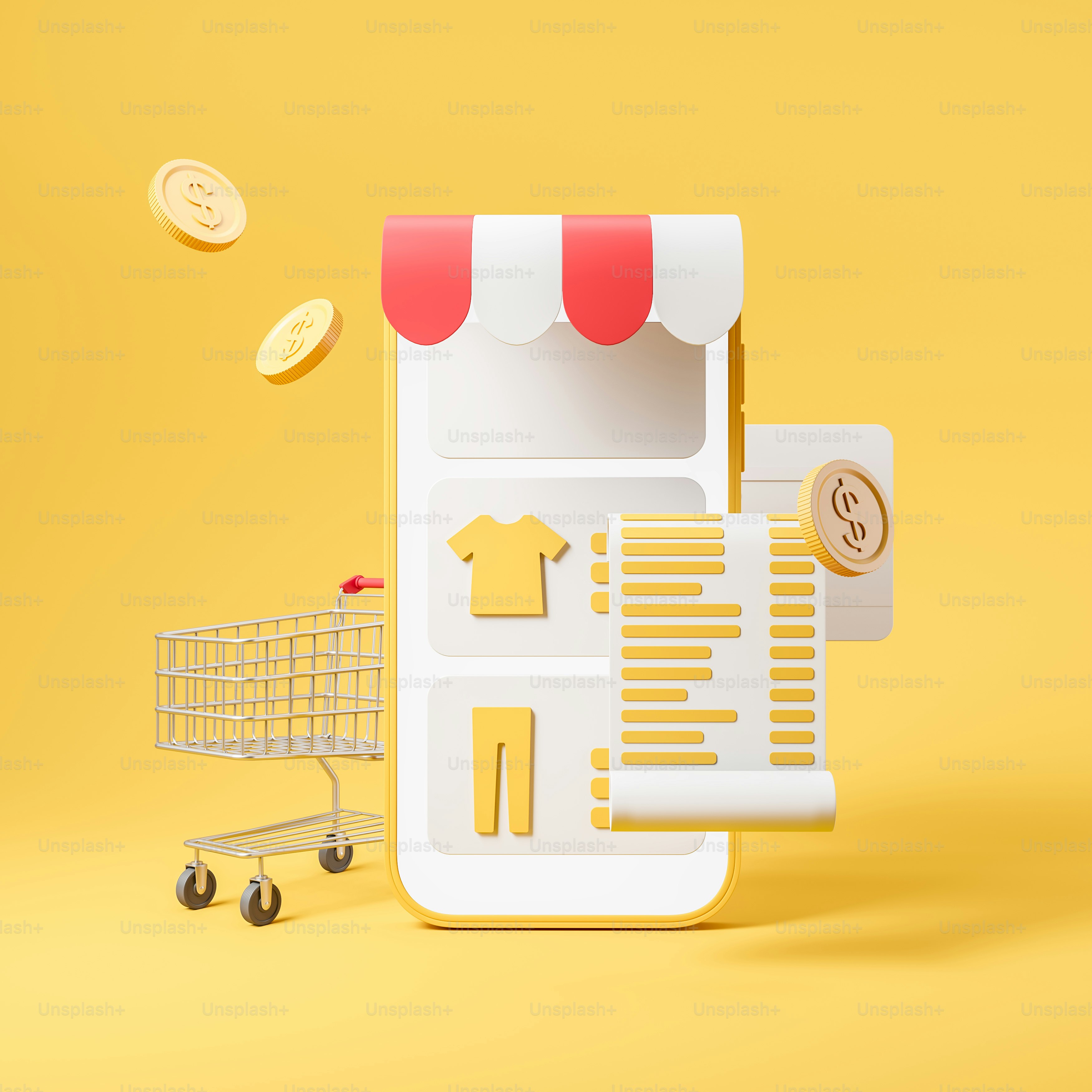 Um enorme modelo 3D de smartphone com interface de loja de varejo na internet, cesta, recibo e moedas de dólar voadoras como um conceito de consumismo digital. Conceito de compra e entrega de roupas online. Renderização 3D