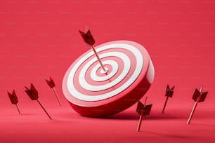 As flechas atingem o centro de um dardo vermelho, errando o alvo e alcançando o sucesso. Conceito de solução. Realização de metas de negócios, renderização 3D