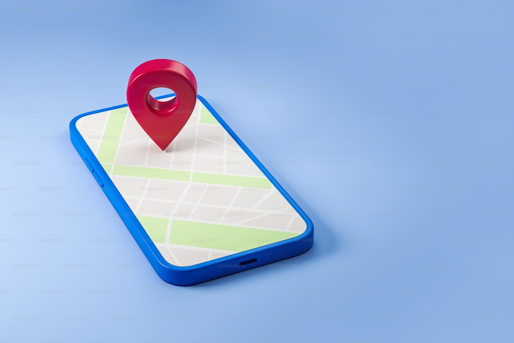 Smartphone mit GPS-Karte, Standort-Pin mit Stadtstraßen, blauer Hintergrund. Konzept der mobilen App und des Standorts. Mockup-Kopierraum, 3D-Rendering