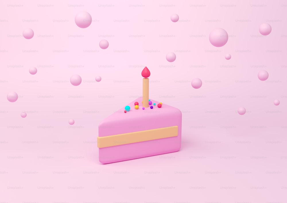 Morceau de gâteau avec décoration et bougie sur fond rose. Boules décoratives et colorées. Concept de vacances et d’anniversaire. Rendu 3D
