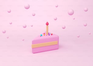 Pedaço de bolo com decoração e vela no fundo rosa. Bolas decorativas e coloridas. Conceito de feriado e aniversário. Renderização 3D