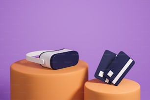 Modern vr glasses for game and work, credit card on orange podium, purple background. Sale of new device. Concept of metaverse. 3D rendering