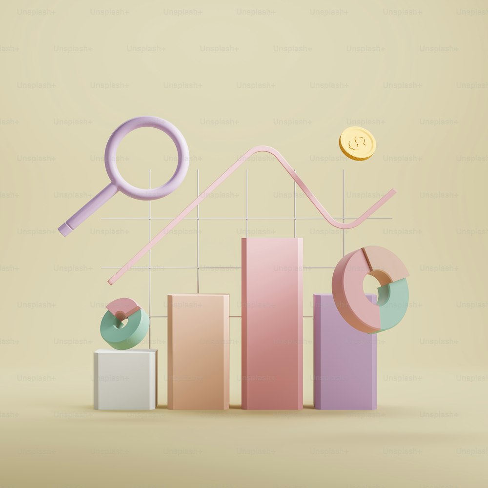 Bar chart with graphs and lines, colorful stock market icons. Concept of business and financial data. 3D rendering