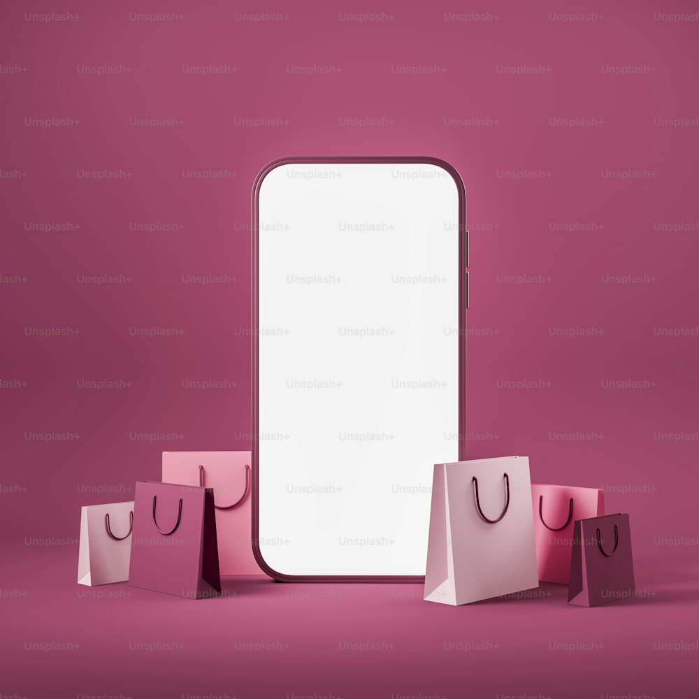 Smartphone und bunte Pakete, Online-Bestelllieferung. Mobile App zum Einkaufen auf rosa Hintergrund. Mock-up-Copy-Space-Telefonbildschirm. 3D-Rendering