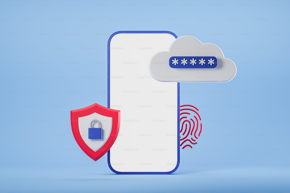 Mock up screen of smart phone, blue padlock inside red data protection shield, fingerprint as concept of authorization and authentication. Safety cyber security, data protection, privacy. 3D rendering