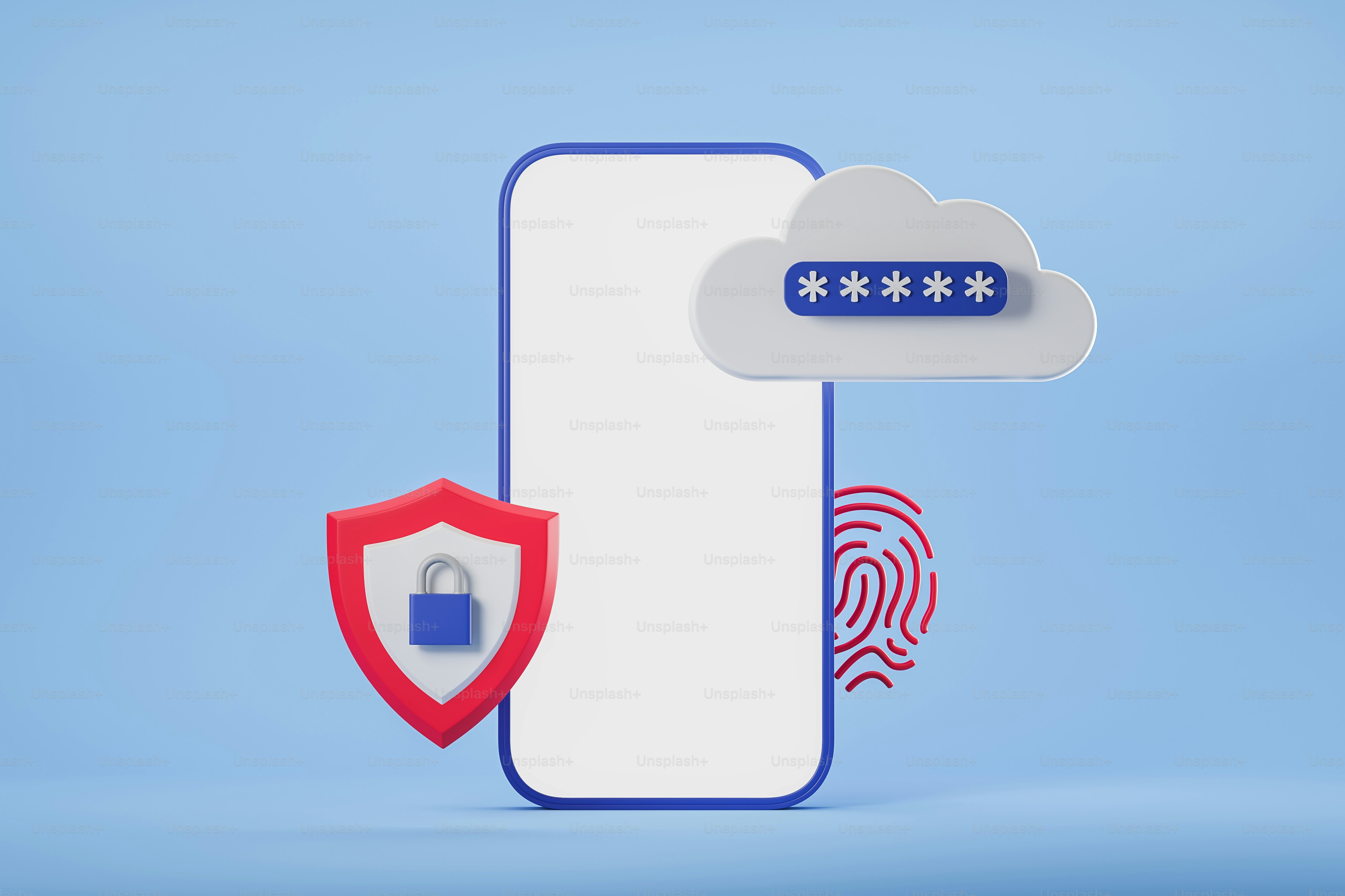 Mock up screen of smart phone, blue padlock inside red data protection shield, fingerprint as concept of authorization and authentication. Safety cyber security, data protection, privacy. 3D rendering