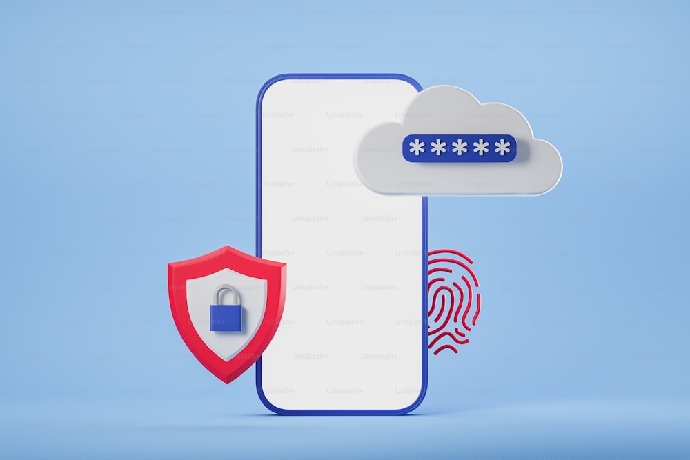 스마트 폰의 조롱 화면, 빨간색 데이터 보호 방패 내부의 파란색 자물쇠, 권한 부여 및 인증의 개념으로 지문. 안전, 사이버 보안, 데이터 보호, 개인 정보 보호. 3D 렌더링