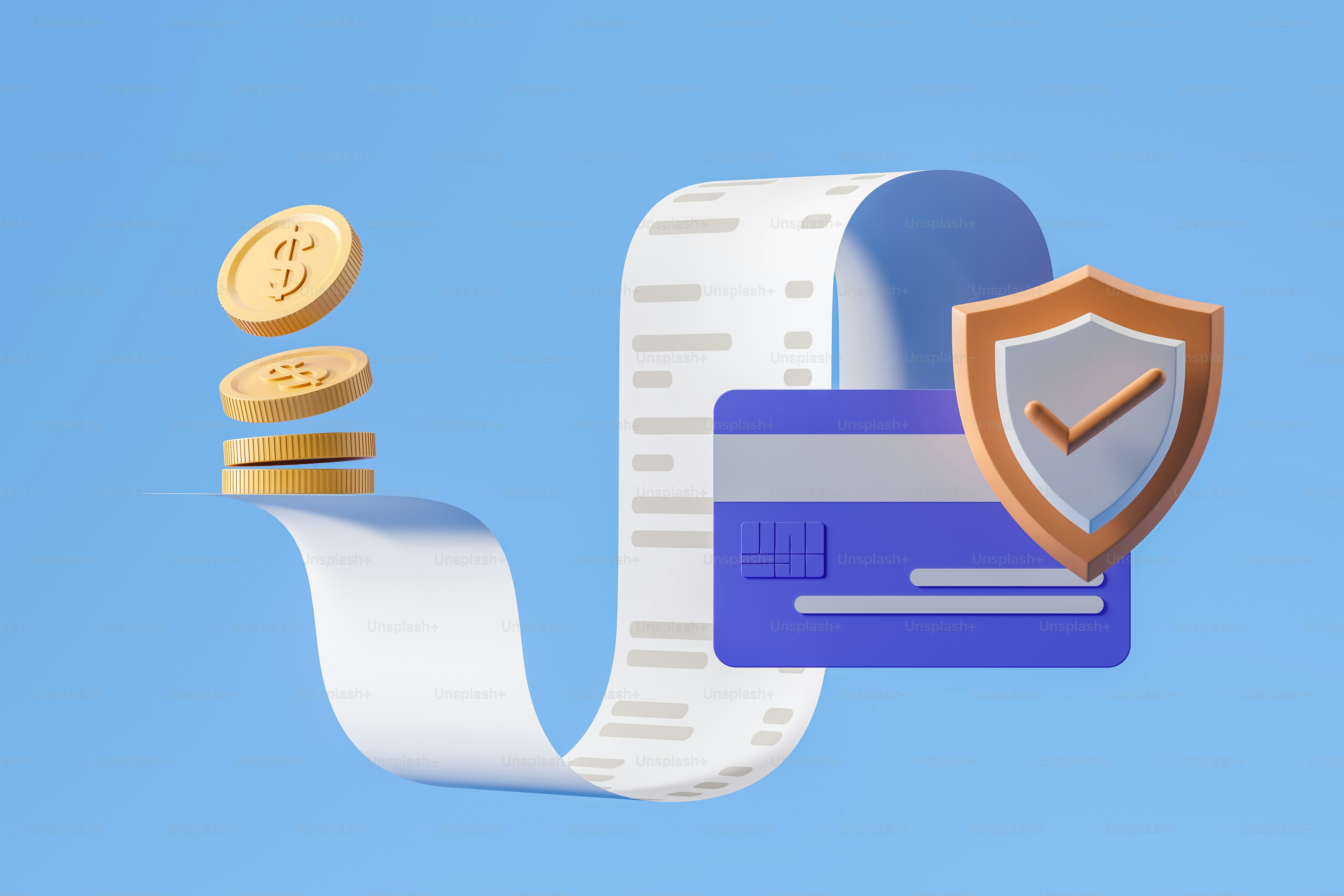 Gold coins, a long receipt, a credit card, and a shield on blue
