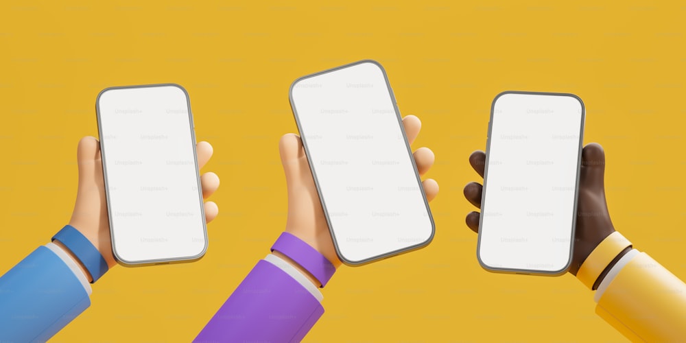 Cartoon white and black hands with smartphone blank display. Mock up copy space screen on yellow background. Concept of network and group communication. 3D rendering