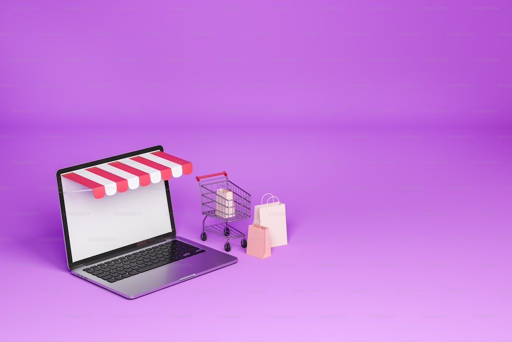 Laptop and package on cart, online shopping. Computer and web page on purple background. Mock up copy space phone screen. 3D rendering