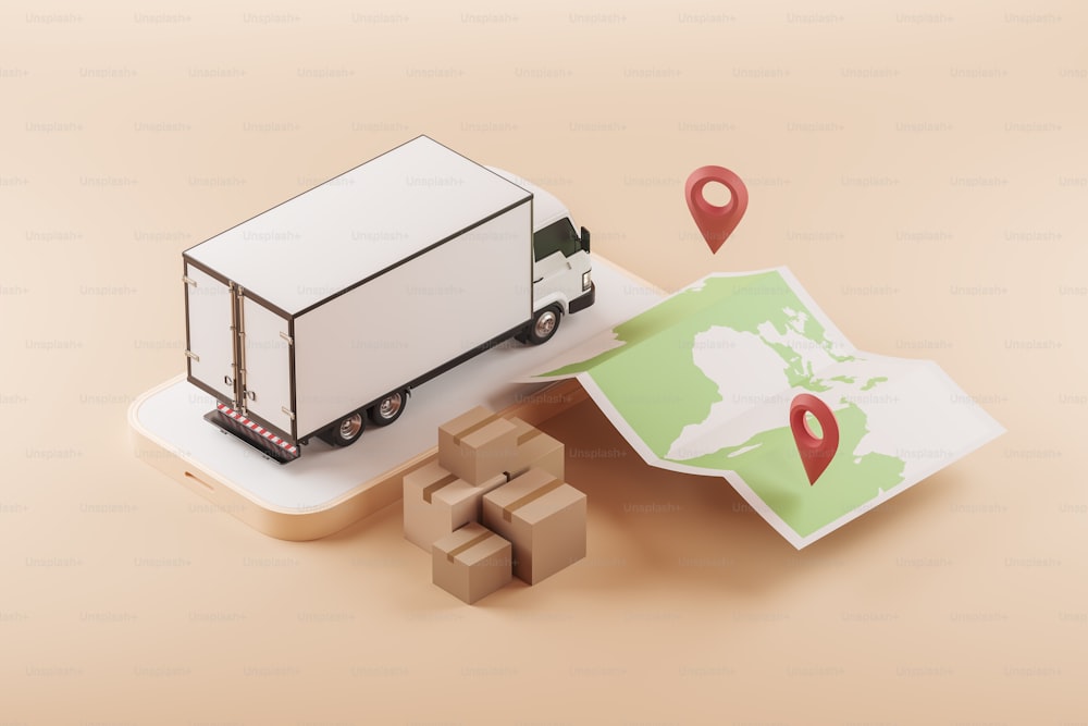 Delivery van and smartphone, worldwide map with location pin. Truck and cardboard boxes, top view. Import and export. Concept of tracking and mobile app. 3D rendering