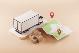 Van de entrega e smartphone, mapa mundial com pino de localização. Caminhão e caixas de papelão, vista superior. Importação e exportação. Conceito de rastreamento e renderização .3D aplicativo móvel