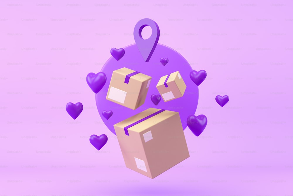 Cajas flotantes de crdboard sobre fondo púrpura, una marca de ubicación con corazones. Concepto de pedidos online, venta y regalo. Entrega y seguimiento de paquetería. Renderizado 3D