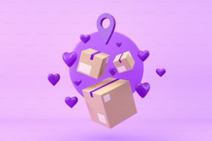 Boîtes flottantes en crdboard sur fond violet, une marque de localisation avec des cœurs. Concept de commandes en ligne, vente et cadeau. Livraison et suivi du colis. Rendu 3D