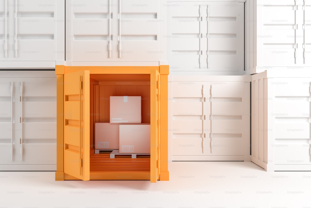 Open yellow metal container with cardboard boxes on pallet. Concept of delivery and shipping. 3D rendering