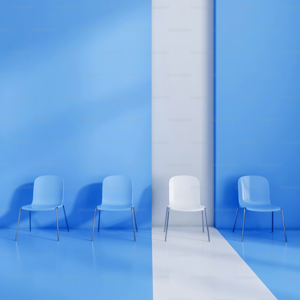 Chairs in a row, white chair stands out of blue. Concept of business, hiring and leadership. 3D rendering