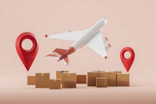 Servicio de entrega y caja de cartón con pin de ubicación rojo, logística global. Avión y paquete sobre fondo beige. Concepto de transporte de carga y aéreo. Renderizado 3D