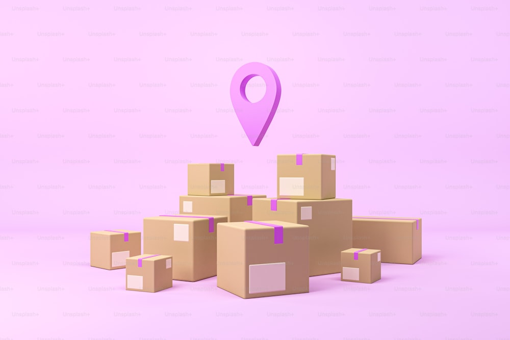 Boîtes en carton fermées sur fond violet, une marque d’emplacement flottante. Concept de commandes en ligne, shopping. Livraison et suivi du colis. Rendu 3D