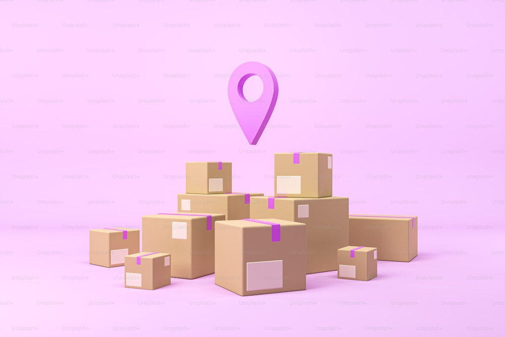 Closed cardboard boxes on purple background, a floating location mark. Concept of online orders, shopping. Delivery and tracking of parcel. 3D rendering