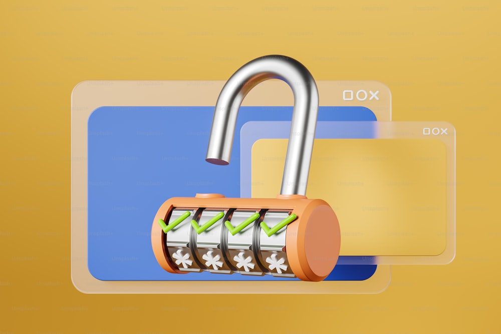 黄色の背景に正しいパスワード、緑の目盛り、抽象的なウェブページを持つ金属ロック。データアクティベーションとサイバーセーフティのコンセプト。3Dレンダリング