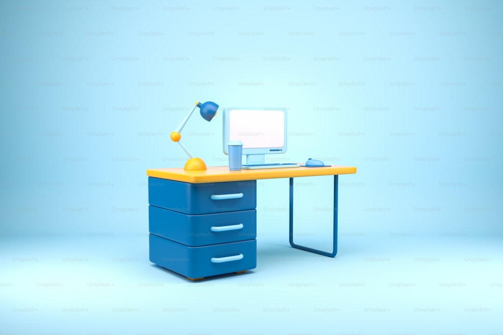 파란색 배경에 PC 컴퓨터, 테이블, 램프가 있는 만화 비즈니스 작업실. 직장의 개념입니다. 모형 빈 화면, 3D 렌더링