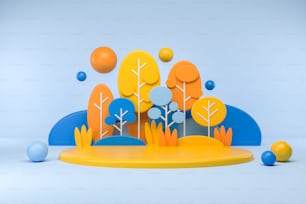 Decorative cartoon trees and balls floating. Podium on light blue background. Concept of showcase. Mockup for product display. 3D rendering