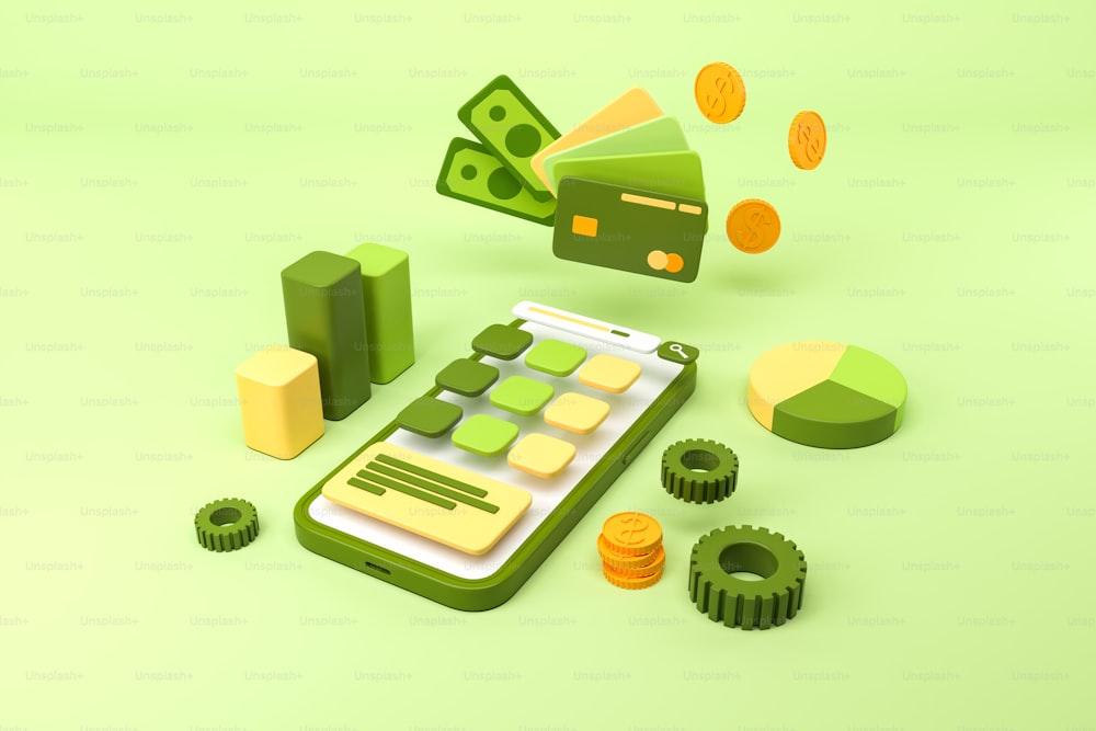Phone screen with financial data and search field on light green background. Graph with coins and credit card, gears. Concept of banking and mobile app. 3D rendering