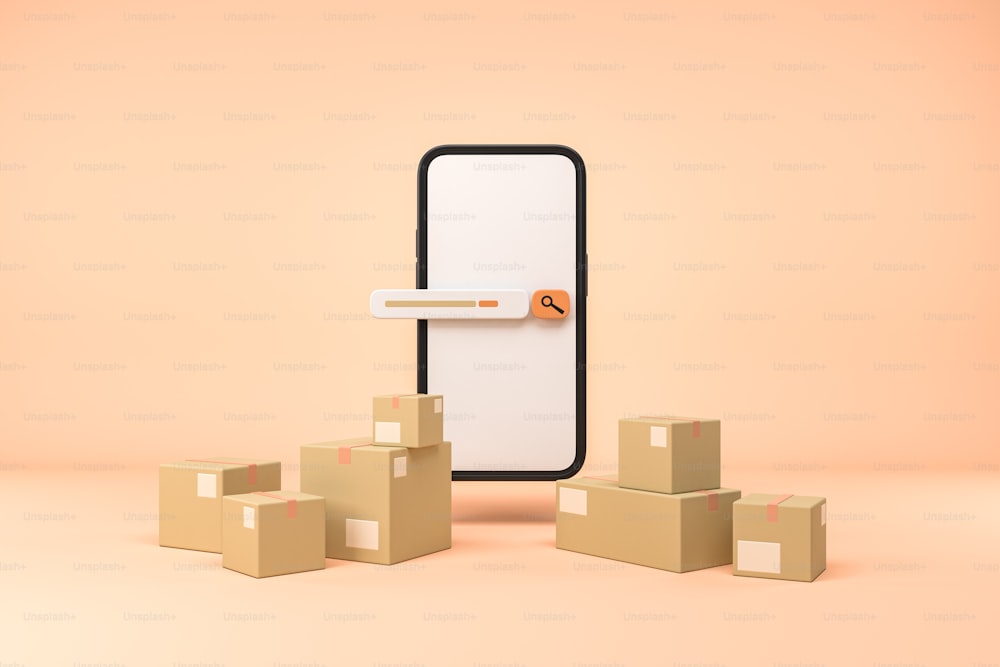 Smartphone with search field, different cardboard boxes. Mobile app for shopping on beige background. Concept of tracking of parcels. Mock up phone screen. 3D rendering