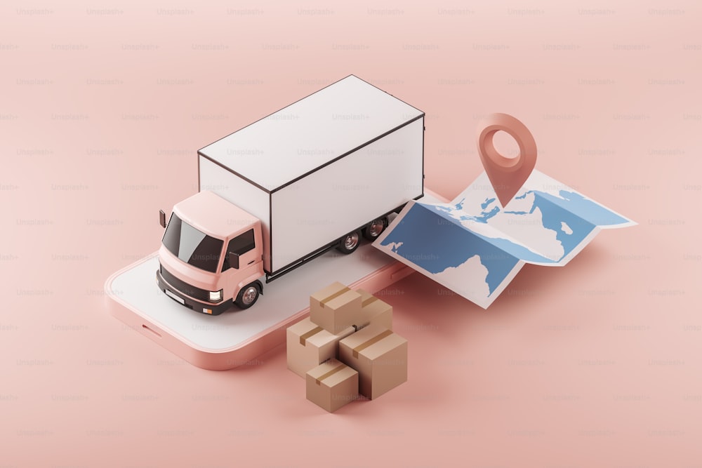 Delivery van and smartphone, worldwide map with location pin. Truck and cardboard boxes, top view. Import and export. Concept of tracking and mobile app. 3D rendering