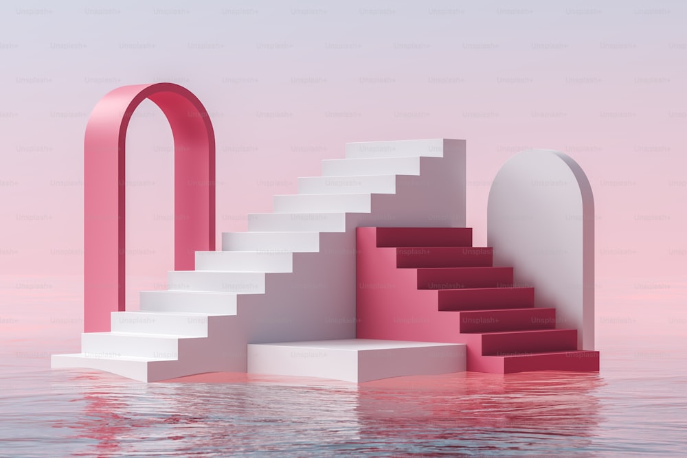 Scalinata e podio in acqua, mare con forme geometriche, arco rosa e palcoscenico bianco per product placement, spazio copia mockup, rendering 3D