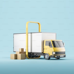 Delivery van with smartphone. Cardboard boxes near truck. Shipping company and online order. Concept of tracking and mobile app. 3D rendering