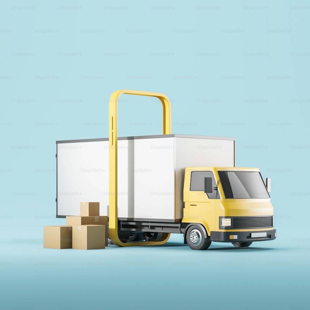 Delivery van with smartphone. Cardboard boxes near truck. Shipping company and online order. Concept of tracking and mobile app. 3D rendering