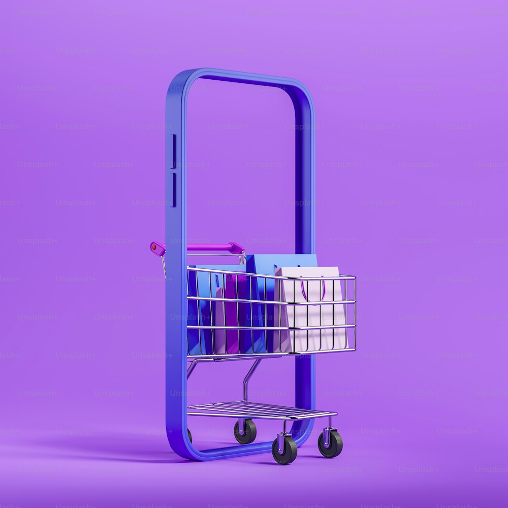 Teléfono y carrito de compras con paquetes sobre fondo púrpura, aplicación móvil para compras. Concepto de compraventa en tienda. Entrega de mercancías. Renderizado 3D