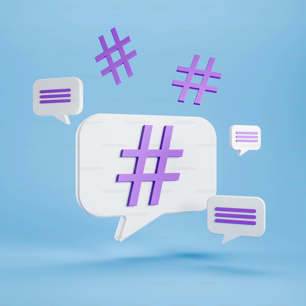 Ícones de hashtag com mensagem de texto no balão de fala em fundo azul claro. Conceito de rede social e marketing online. Renderização 3D