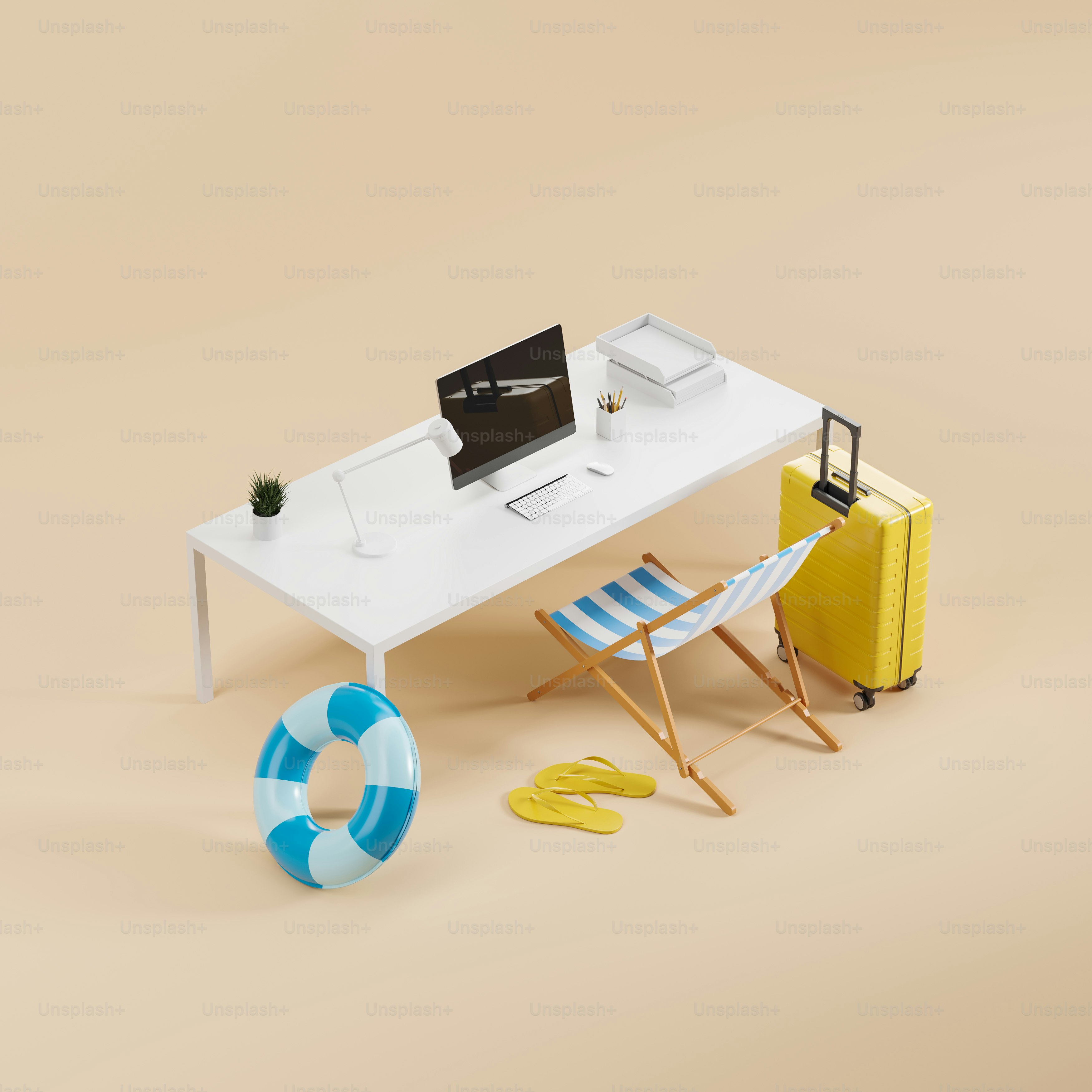 Top view of manager workspace with pc computer with office tools, beach accessories for traveling. Concept of trip and vacation. 3D rendering