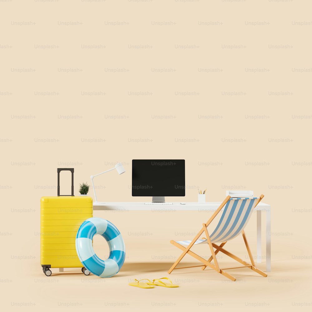 Manager workplace with pc computer and office tools, beach accessories for traveling. Concept of dreams and remote work. 3D rendering