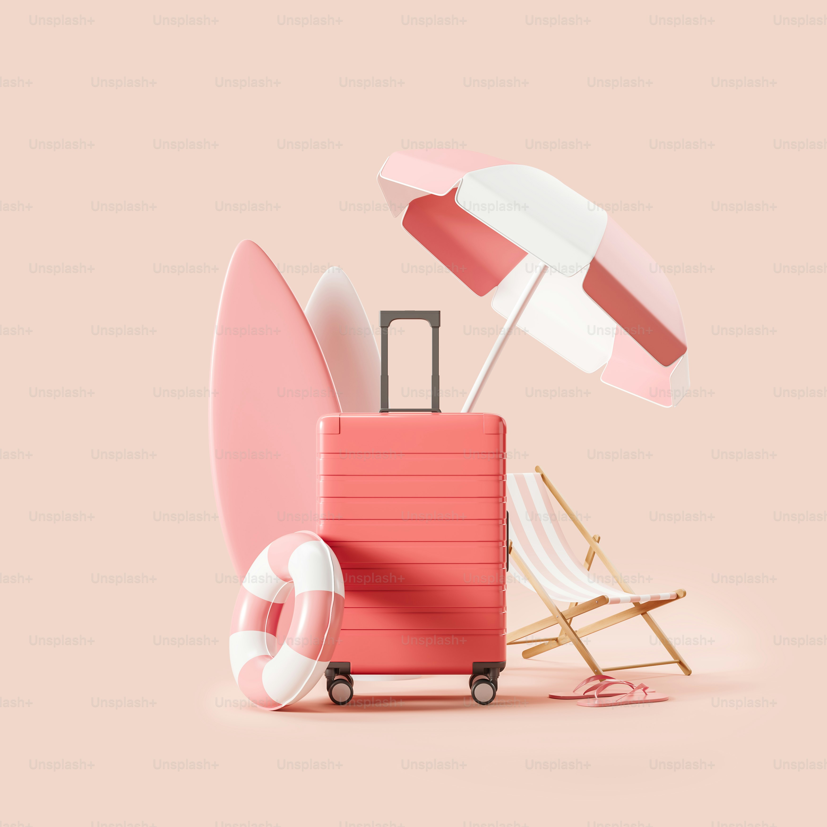 Una maleta rosa, tabla de surf, sombrilla de playa, salvavidas y una silla sobre fondo pastel