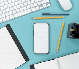 Phone mock up screen, business notebook and office items, computer keyboard and mouse on work desk. Concept of minimalist workspace. 3D rendering