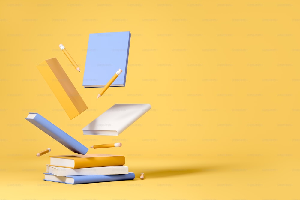 Pile de livres et de cahier avec crayon flottant, fond jaune. Concept d’éducation et de cours. Espace de copie de maquette. Rendu 3D
