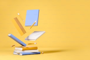 Pile of books and notebook with pencil floating, yellow background. Concept of education and courses. Mockup copy space. 3D rendering