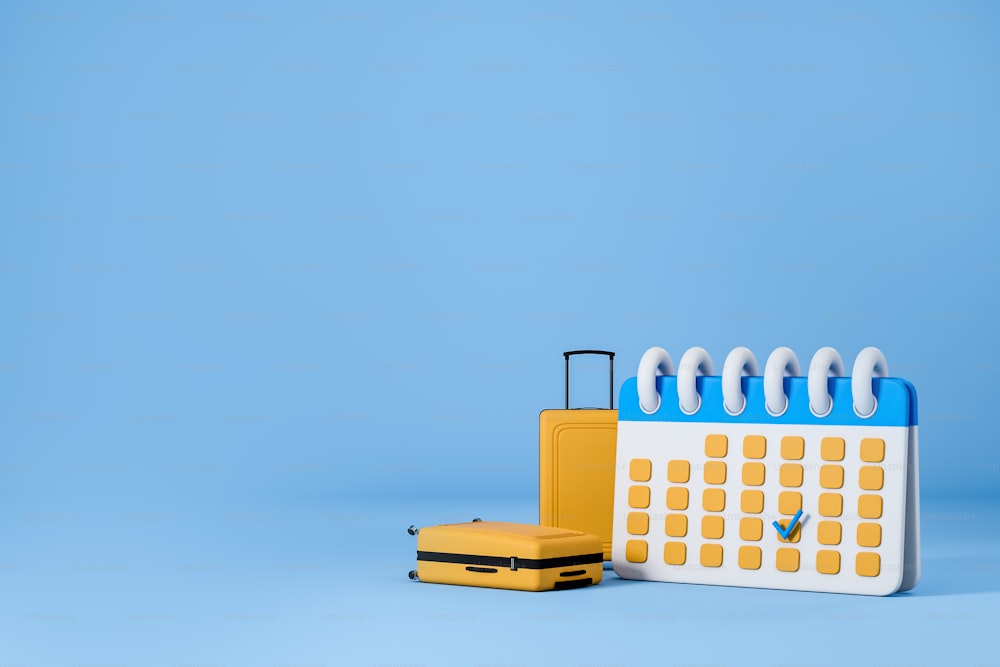 Koffer für Wochenende und Kalender mit Zecken, Plan und Reise. Konzept von Wochenende und Zeitplan. Mockup-Kopierbereich. 3D-Rendering