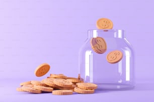Caja de cristal transparente con monedas de oro sobre fondo púrpura. Concepto de ahorro y ganancia. Renderizado 3D